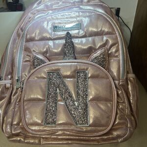 Justice Girls Backpack Pink Rose Gold Initial M Side Pockets Full‎ Size 17 Inch
